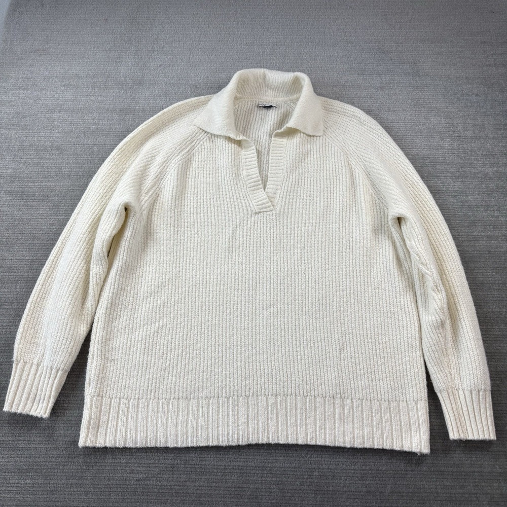 American Eagle Slouchy Sweater Womens Small Ivory Knit Relax Fit Collard V Neck